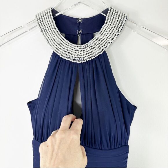 Speechless Junior Halter Style Chiffon Navy Cocktail Dress with Pearl Collar 1 - Picture 4 of 16